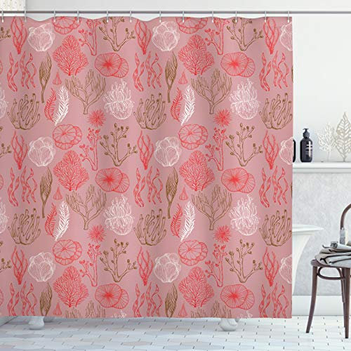 ABAKUHAUS Unter Dem Meer Duschvorhang, Korallen Meeresschwämme, Stoffliches Gewebe Badezimmerdekorationsset mit Haken, 175 x 180 cm, Getrocknete Rosen Mehrfarbig