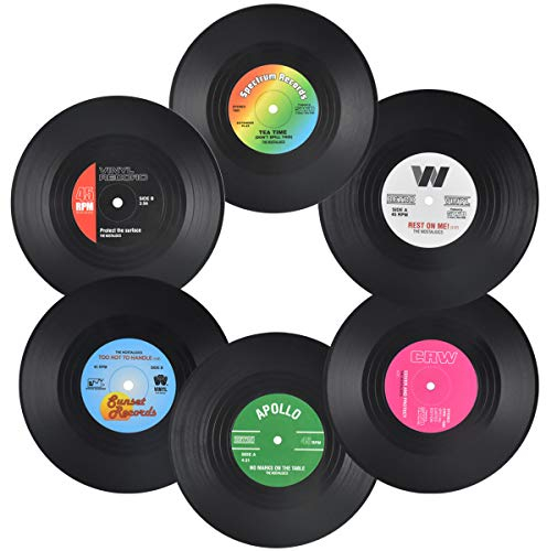 Jinlaili 6er-Set Retro-Vinyl-Untersetzer, Retro-Untersetzer für Getränke, Schallplatten Untersetzer für Getränke, rutschfeste Untersetzer für Kaffee Tee Bierkrug Weinglasflasche