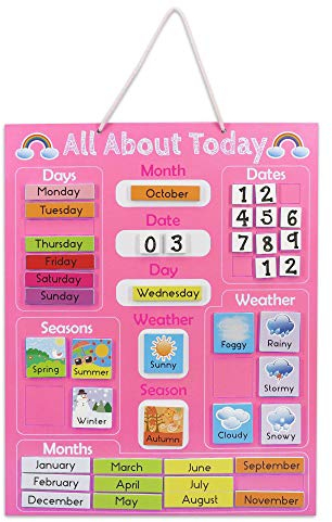 Navaris Kalender Tafel für Kinder - Lerntafel Jahreszeiten Uhr - Magnet Spiel Lernuhr - Kinderkalender Jahreskalender - magnetisch - rosa - Englisch