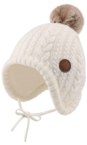 XIAOHAWANG Cappello Invernale per Neonati con Fodera in Velluto per Bambini Beanie per Bambini Earflap Caldi Cappelli per Bambino per Ragazze con Pompon (Bianco, 18-36 Mesi)