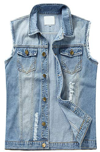 YOUTHUP Gilet Homme Denim Déchiré Veste Sans Manches Jean Vintage | Coton, Col Revers, Boutonnage, 2 Poches, Décontracté, Été, à la Mode