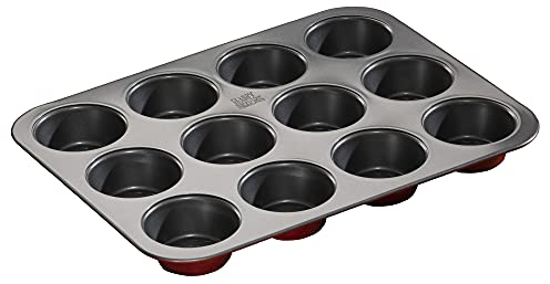 Hairy Bikers Bakeware, 12 Cup Muffin Tray, Non Stick, Dishwasher Safe, Red