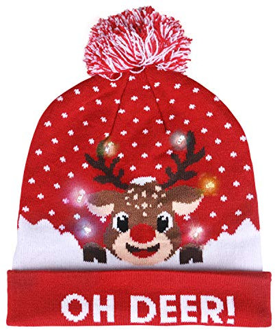 Lurowo Weihnachtsmütze, Unisex, LED-Licht, Weihnachtsmützen mit Bommel, 7 bunte LEDs, Weihnachten, Strickmütze, warm, für Party, Camping