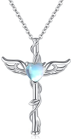 Midir&Etain Kreuz Kette 925 Sterling Silber Engel Flügel Kreuz Anhänger Halskette Mondstein Halskette Engel Schmuck Kreuz Geschenke für Frauen