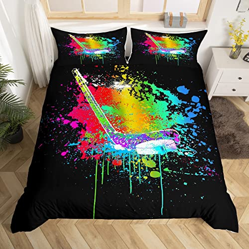 Loussiesd Eishockey Betten Set - Tie Dye Spieler Bettwäsche 135x200cm Winter Sport Event Bettbezug für Kinder Jungen Mädchen - Mikrofaser Bunt Punk Zimmerdekoration