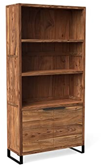 Woodkings Bücherregal Sydney | Regal 90 x 180 cm aus Akazienholz | Schrank für Wohnzimmer Büro Flur | Regalschrank mit Tür und offenen Fächern | Stabil und zeitlos