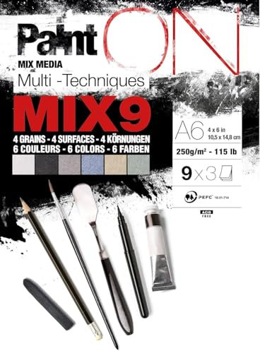 Clairefontaine 960076C - Block PaintON mit 27 Bögen, 250g, 4 Körnungen und 6 Farben sortiert, 9 x 3 Bögen, DIN A4, 1 Block