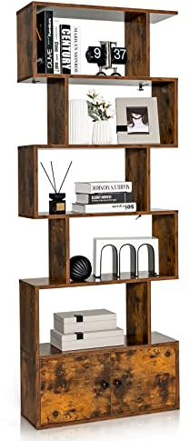 GOPLUS Bücherregal, Regal mit 5 Ebenen, S-förmiges Standregal mit Türen, Aufbewahrungsregal | Wohnregal | Büroregal | Raumteiler Regal Holz für Wohnzimmer & Arbeitszimmer, 70 x 23 x 183 cm (Braun)