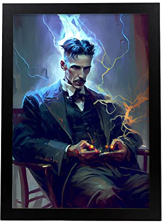 Nacnic Nikola Tesla in voller Farbe Fotostil. Cartoon-Illustrationen berühmter Erfinder und Schöpfer. Innenarchitektur und Dekoration. A3 mit schwarzen Rahmen.