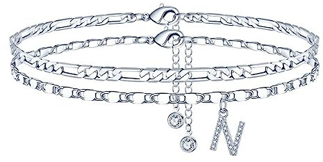 TINGN Fußkettchen für Damen, Silber Fussketten für Frauen Fußkettchen mit CZ Buchstaben N Figarokette Doppelte Fußketten Verstellbar 21+5 Cm Frau Mädchen Tochter Freundin Sommer Geschenk