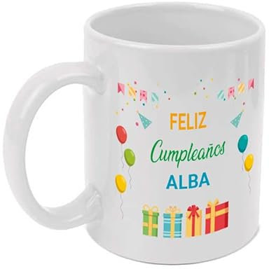 Deliex delicias de Extremadura. Taza personalizada con nombre. Feliz Cumpleaños. Capacidad 350 ml. Regalo original. (colorido)