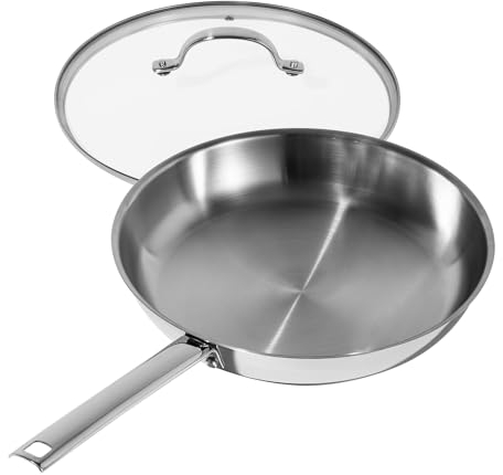 DELUXE Edelstahl-Bratpfanne mit Deckel, 27,9 cm, Ölsammel-Pfanne mit 3-lagigem, schwerem Boden, PFOA-freier Brattopf mit kühlbleibendem Griff, kompatibel mit allen Herden, spülmaschinenfest und