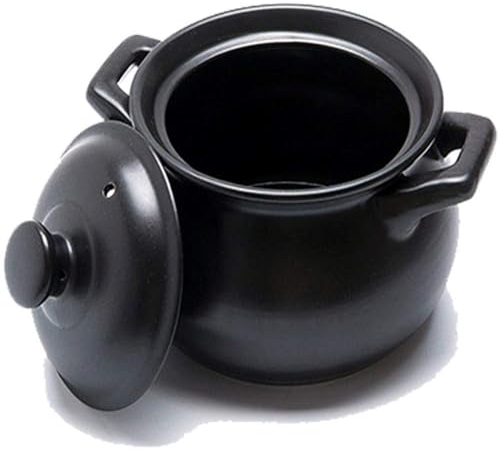 fUfIzU Cocotte avec Couvercle en Grès De Cuisine, Marmite À Soupe, Bol en Pierre, Cocotte avec Couvercle, Marmite Saine en Céramique À Double Poignée en Grès Noir,1L