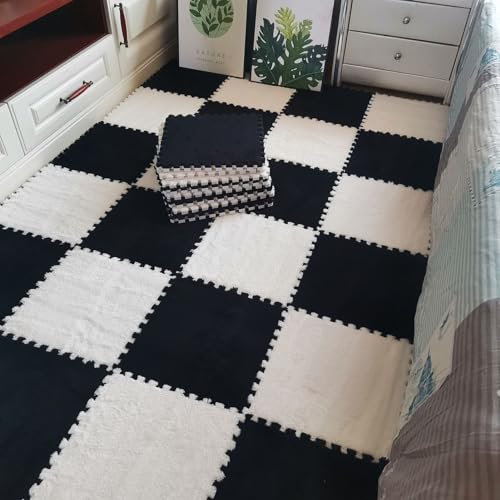 12 Pcs Interlocking Carpet Tiles Play Mat Plush Foam Square Floor Mats With Border Interlocking Fluffy Tiles Square Puzzle Floor Protection(Color:Black+White)