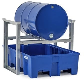 DENIOS Fassregal/Abfüllstation für 1 Fass à 200 L, Kunststoff-Auffangwanne, 1049 x 1245 x 837 mm