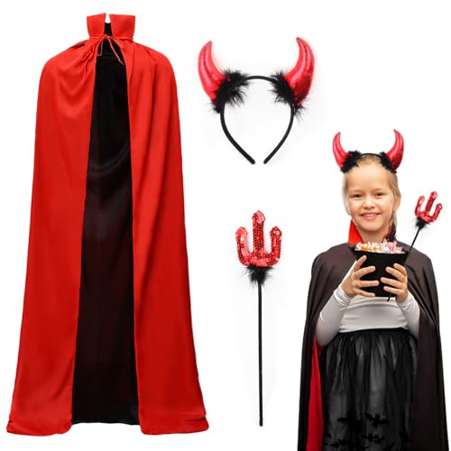 ROSAUI Teufel Kostüm für Damen, Halloween Vampir Umhang Set mit Teufelshörner und Teufelgabel, 120cm Schwarzer & Roter Cape für Halloween-Masquerade, Karneval