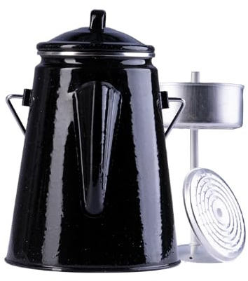 Kaffeekanne Emaille mit Perkolator für 12 Tassen (2ltr) Aufbrüh Kesssel schwarz oder blau emailliert + 2 Kaffeelöffel gratis Camping Kaffee unterwegs kompakt (schwarz mit weißen Sprenkeln)