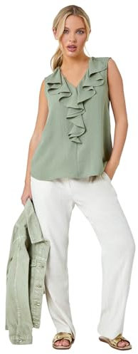 Roman Originals Women Frill Front Vest Top Ladies Ruffle Blouse Summer Spring Special Occasion Evening Holiday Cruise Cocktail Party Short Long Sleeve Sleeveless V-Neck - Petite Khaki - Size 12