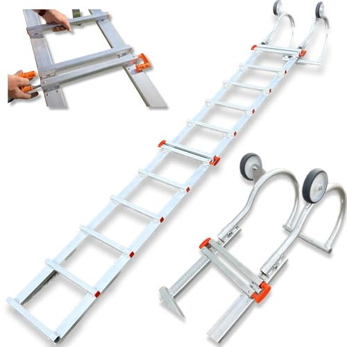 Easy to Install Heavy Duty Hook Roof Ladder - Large 120mm Wheels and Stabiliser Bar