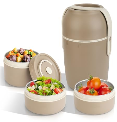 Pilipane Lunch Box Termico in Acciaio Inossidabile 304, Set 3 Pezzi con Pentola portatile, Portapranzo Isolato a Tenuta Stagna per Scuola/Ufficio, Mantiene Cibo Caldo 2 Ore (Marrone Chiaro)