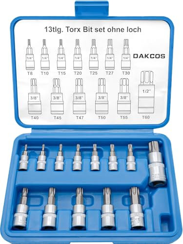 DAKCOS Set di 13 chiavi a bussola Torx T8-T60, set di punte Torx da 1/4, 3/8, 1/2, CR-V e punta S2