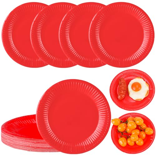 Halinuia 20 Pièces Assiettes Jetables Rouge Assiettes Dessert Carton,Assiette Jetable 18cm Vaisselle Jetable Rouge Carton,Assiette pour Camping,Pique-niques,Fêtes,Barbecues
