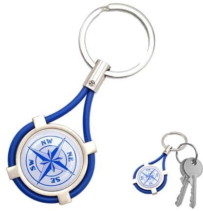 Portachiavi Elegante e Resistente in Acciaio Satinato con Rosa dei Venti in Resinato 3D, Laccio in Caucciù Blu, Anello Rinforzato per Chiavi, Astuccio Nero, Unisex per Auto Moto Uomo Donna
