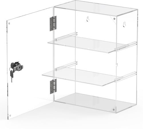 Vetrina in acrilico con chiave di serratura, rimovibile, a 3 ripiani, trasparente, con ripiani di chiusura, vetrina per oggetti da collezione e conservazione sicura (30 x 15 x 39,9 cm)