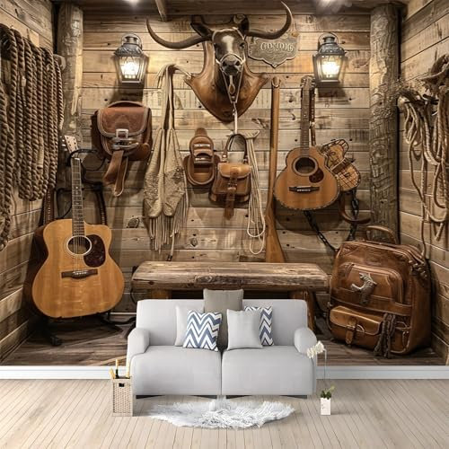 Papier Peint Effet 3D Cowboys Et Guitares Brun Photo Peintures Murales Salon Tv Canapé Thème Hôtel De Luxe Couloir Fond Mur Peinture Décor À La Maison 200x140 cm