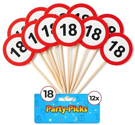 Tiwoca Deko zum 18. Geburtstag – 12 Stück rot-weiße Party-Picks mit Verkehrsschild-Optik Zahl 18 – Ausgefallene Geburtstagsdeko und lustige Geschenkideen für Junge und Mädchen