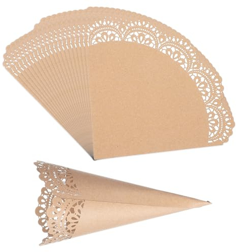 PATIKIL Coni Riso Matrimonio, 50Pz Coni Confetti Portaconfetti Carta Stampa a Pizzo Cava Bouquet per Feste Scatole Regalo Caramelle Sacchetti Cioccolato Addio Celibato Petali, Marrone