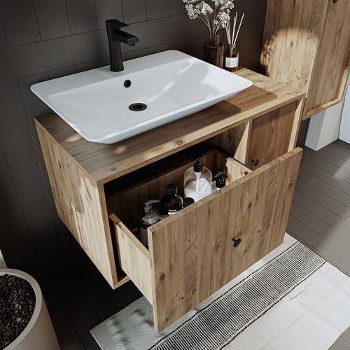 ROOMART Badezimmermöbel Set Gusto 90 cm 4 Teilig mit Keramik Waschbecken (Eiche, Waschbecken mit Unterschrank)