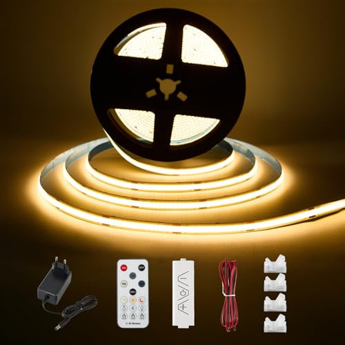 Enteenly Tira LED COB Blanco Cálido 3 Metros, Kit de Tira de Luz para Bajo Gabinete con Control Remoto RF para Vitrina, Cocina, Escritorio, Estante, Armario, Incluye Adaptador de 24V, 2700K