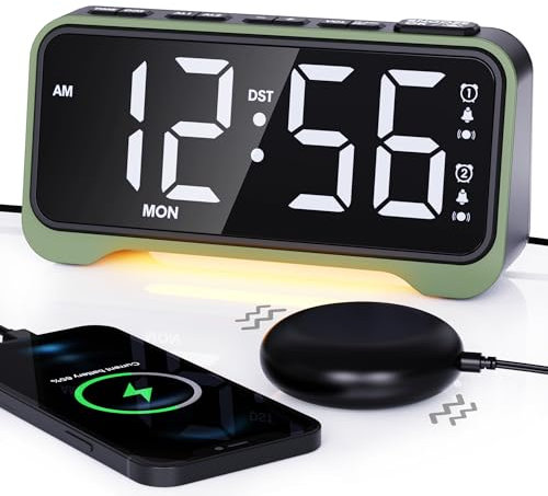 ROCAM Digitaler Wecker Laut für Tiefschläfer, Vibrationswecker für Tiefschläfer, Gehörlose, Schwerhörige, Großen Zahlen mit Wochentag, Doppelalarm, Einstellbare Lautstärke & Dimmer,USB, Nachtlicht,DST