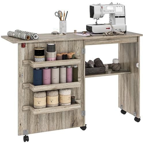 HOMCOM Folding Sewing Table, Drop Leaf Craft Table with Storage Bins, Open Shelf and Wheels, Rolling Sewing Machine Cabinet Computer Desk for Small Space, Grey