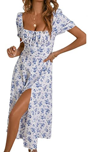 Robe Longue Boheme Été Femme Légère Col Carré, Plage Fleurie Manches Courtes Chic Et Elegant