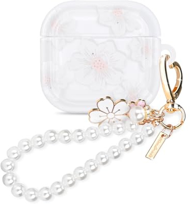 Cute Case for AirPods 4th Generation (2024) Cover with Pearl Keychain, Unique White Flowers Design for Women Girls Clear Protective Shockproof Soft TPU Cover for AirPods 4