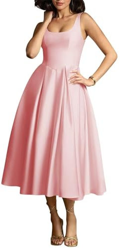 HPPEE Abito da ballo da donna in raso con tasche, abito da ballo a linea A, corsetto formale per feste, Rosa cipria, 44