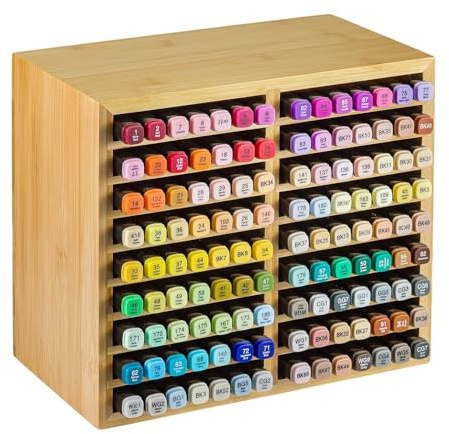 M.J COMFY-LIFE Bamboo Marker Organizer - 18 Compartment Desktop Storage Holds 126 Markers/Pens | Natural Wood Stationery Holder for Artists, Classroom & Office (126 Markers)