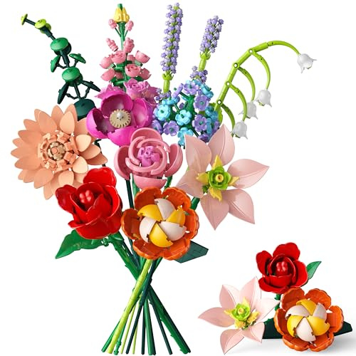 Booyuer Blumen Baukasten für Erwachsene, 762 PCS 12 Flowers Künstliche Deko Blumenstrauß Pflanze, Geschenk für Valentinstag für Ihn oder Sie, Muttertag, Weihnachten, Geburtstag für Kinder 6+