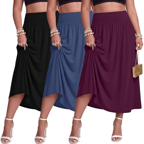 Ficerd Confezione da 3 Gonne Maxi Lunghe Taglie Forti per Donne con Curve Vita Alta Lunghezza alla Caviglia Estive con Tasche