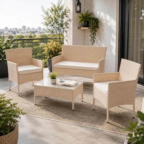 Juskys Salon de Jardin Fort Myers 4 Places en résine tressée avec canapé 2 Places 2 fauteuils Table Coussins mobilier extérieur Balcon