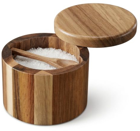 Salt Cellar, Acacia Wood Salt Container with Built-in Spoon and Swivel Lid | 6oz Kitchen Holder Container for Pepper Spice Seasoning Storage, 360° Rotating Countertop Box for Bath