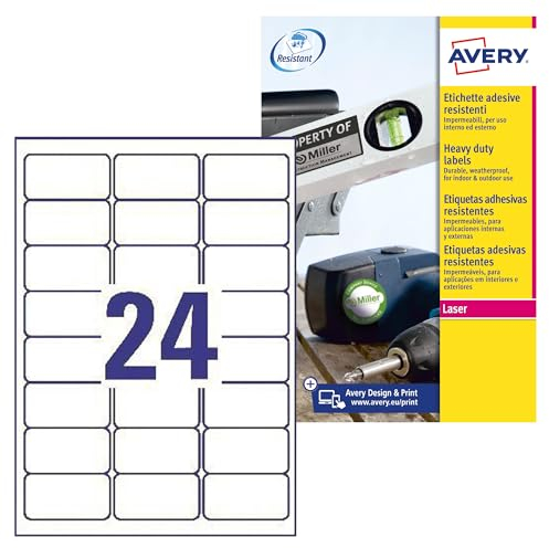 Avery L4773-20 Robuste Laseretiketten ( 24 Stück pro Blatt, 63,5 x 33,9 mm) 480 Etiketten weiß