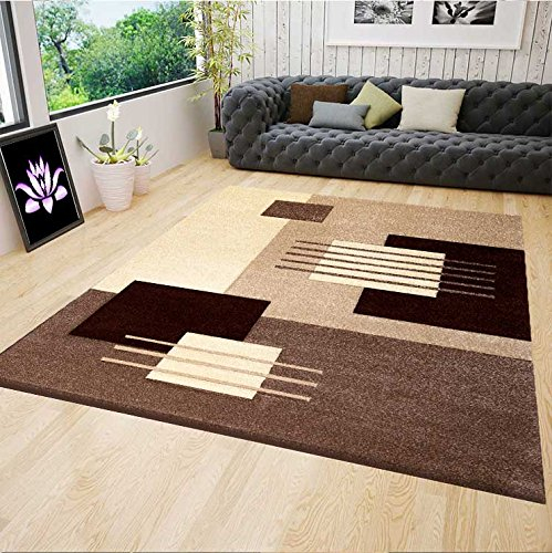 VIMODA Designer Teppich Kurzflor dichter Flor Wohnzimmer Braun Beige Kachel Linien mit Konturenschnitt, Maße:80 x 150 cm