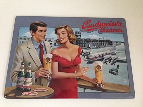 Blechschild Budweiser Bier Pärchen am Flughafen Prag Budvar 9