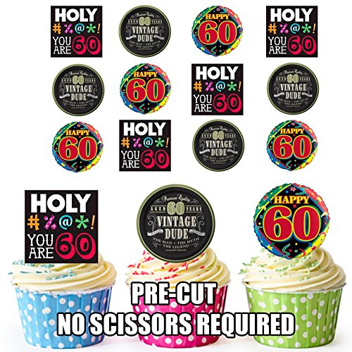 AK Giftshop Fun 60th Male Birthday, 12 Cup Cake Toppers, Edible Stand Up Decorations