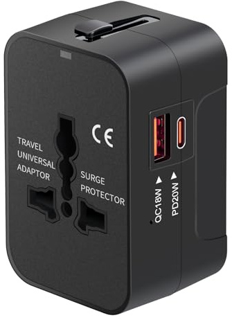 Travel Adapter USB C, Universal All in One Worldwide Travel Adapter Fast Charge GaN PD3.0 Type C USB-A Quick Charging Ports Power Converters Wall Charger AC Power Plug Adapter for USA EU UK AUS Black