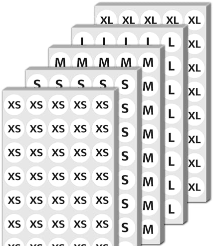 20mm Größen Aufkleber Sticker, Größenetiketten Größenaufkleber - (XS, S, M, L, XL), 2000 Stück