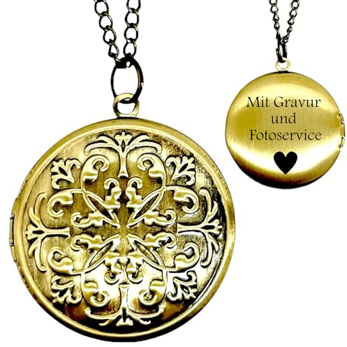 MadamLili - Personalisierbar Bronze Kette Foto Medaillon - Amulett Aufklappbar - Kostenloser Fotoservice - Vintage Stil - Halskette 70cm - Handgefertigt - Gravur Schmuck - Namenskette - Schmuckbox
